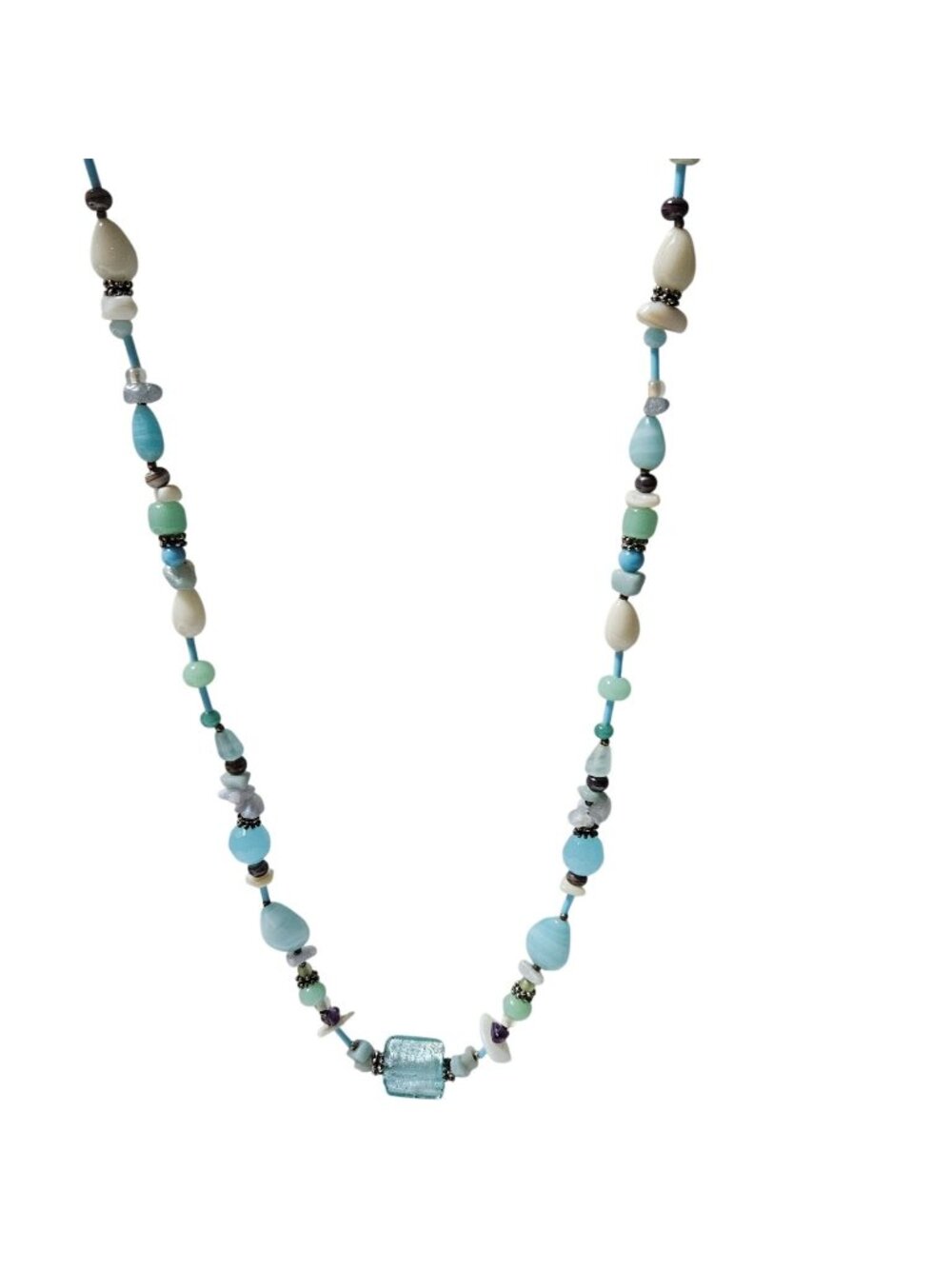 Vintage Handcrafted Beaded Necklace Blue White Beads Silver Tone Accents Jewelry